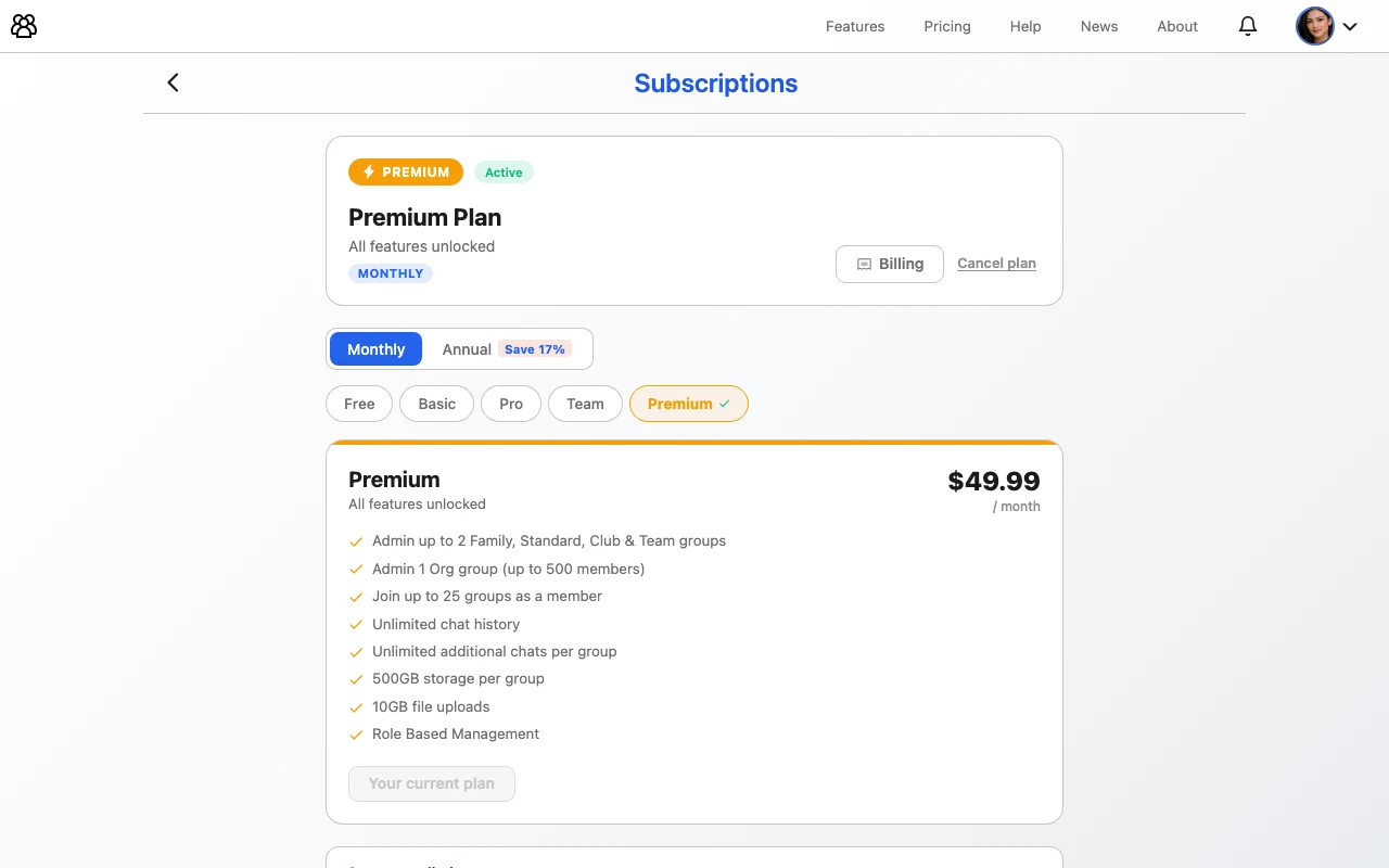 Plans page with a Monthly and Annual billing toggle, five plan tabs, and a plan detail card showing price, features, and a CTA button