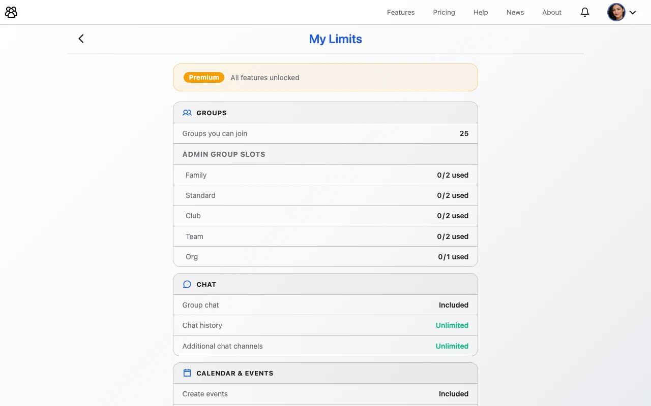 My Limits page with a plan badge banner at the top, and a list of expandable limit categories showing feature names with checkmarks or values
